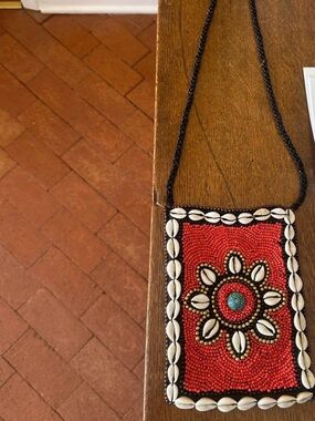 Beaded Shell Crossbody Pouch - Red & Turquoise Accent